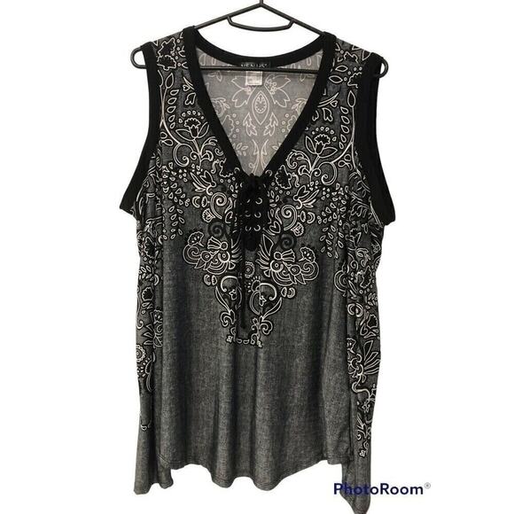 Venus Women’s Long Sleeve Top Size M Gray Black Trim Draw-String Front Closure - Picture 3 of 13